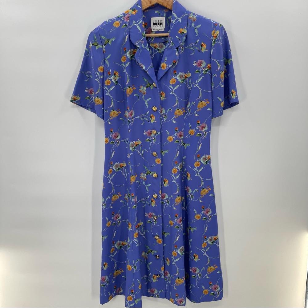 Vintage Leslie Fay Purple Floral Dress with Gold Button and Tie Back Detail  10P